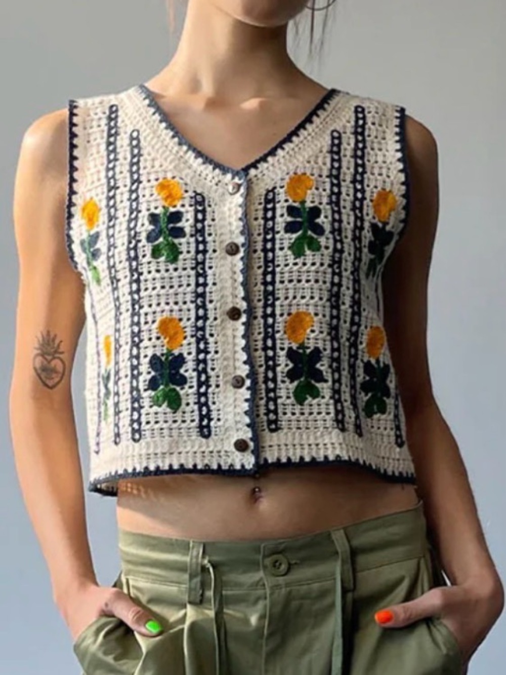 Crochet Floral Button-Front Crop Top - Cream with Yellow Flowers